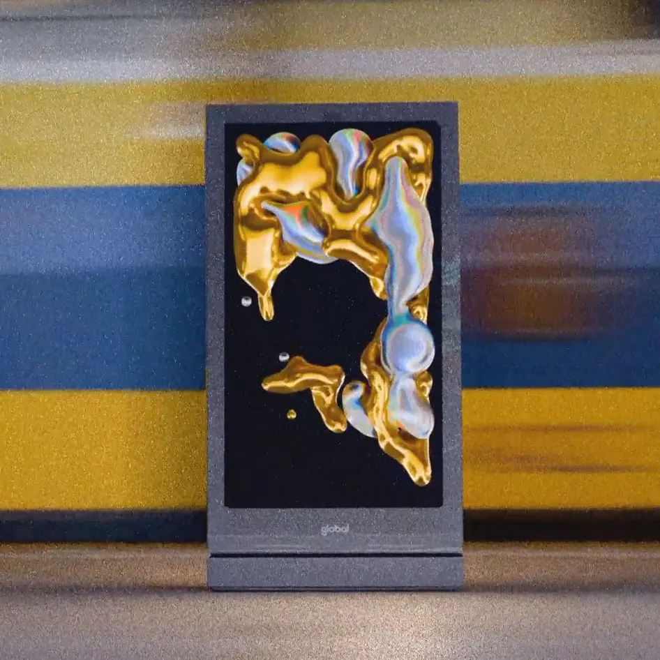 During the summer of 2024, a friend suggested we each should enter a small work to the Design in Motion festival, also known as DEMO Festival. I wanted to add something that mostly focuses on metaball surfaces, with small details and refractive elements. The finished piece is a bunch of simulated spheres controlled by elements around them to reveal a few vague shapes in the center of the screen during the 10s of time.

Part of the DEMO festival is a nationwide festival screening, utilizing digital out-of-home screens to convert public spaces into venues. As I was not able to attend this public festival screening in the Netherlands, I had some fun and recreated a screen from a photo I found. Now whenever I feel bored, I have a backlog of photos from the festival day to replicate and put my own work in.
 
    
>
    
    

  