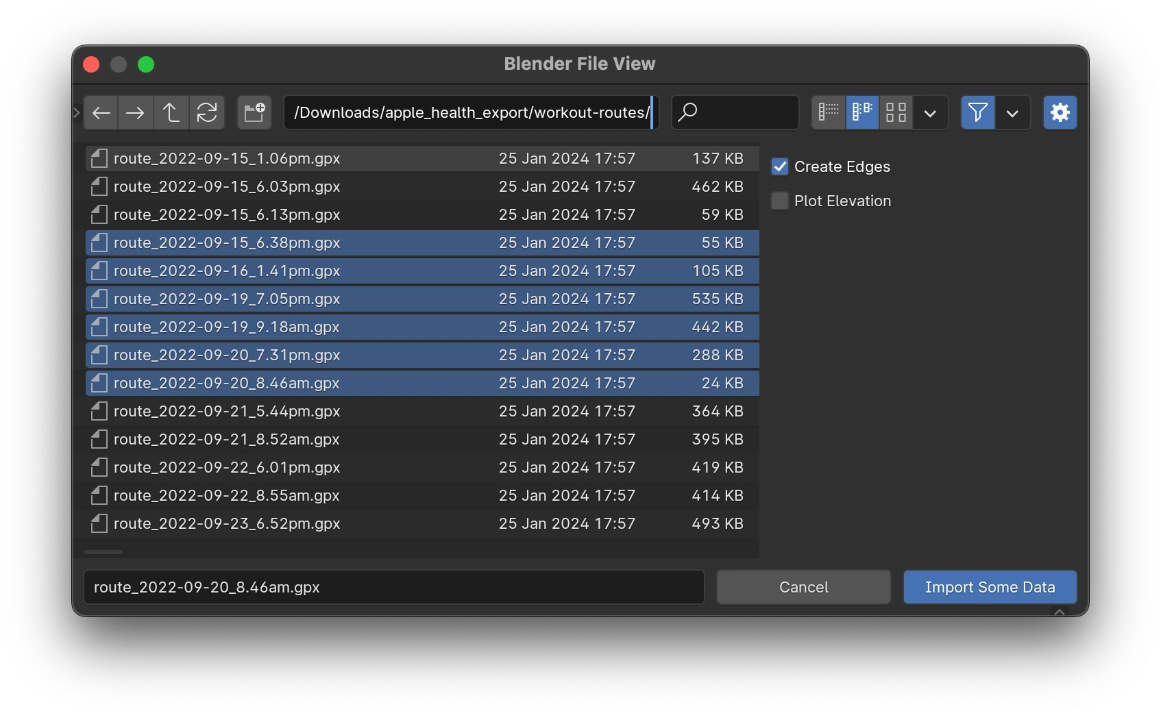 Blender File View of the GPX Importer in action